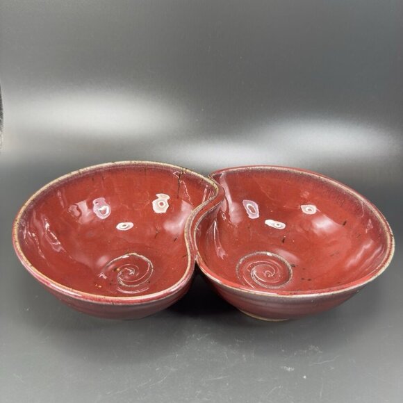 Vintage Hand Made Studio Art Pottery Divided Dish Double Salsa Bowl Chip N Dip - Picture 12 of 16